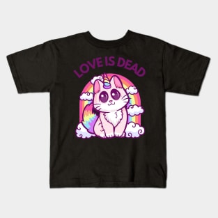 Love Is Dead: Whimsical Heartbreak Hilarious Cat with a Rainbow Twist Kids T-Shirt